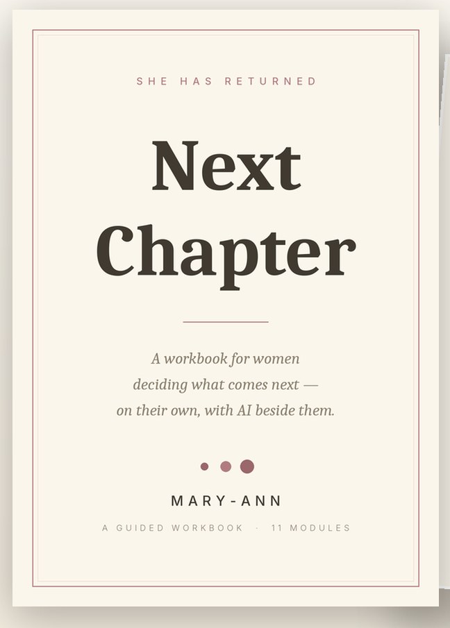 Next Chapter — a guided workbook by Mary-Ann. The cover reads 'She Has Returned · Next Chapter · A workbook for women deciding what comes next, on their own, with AI beside them.'