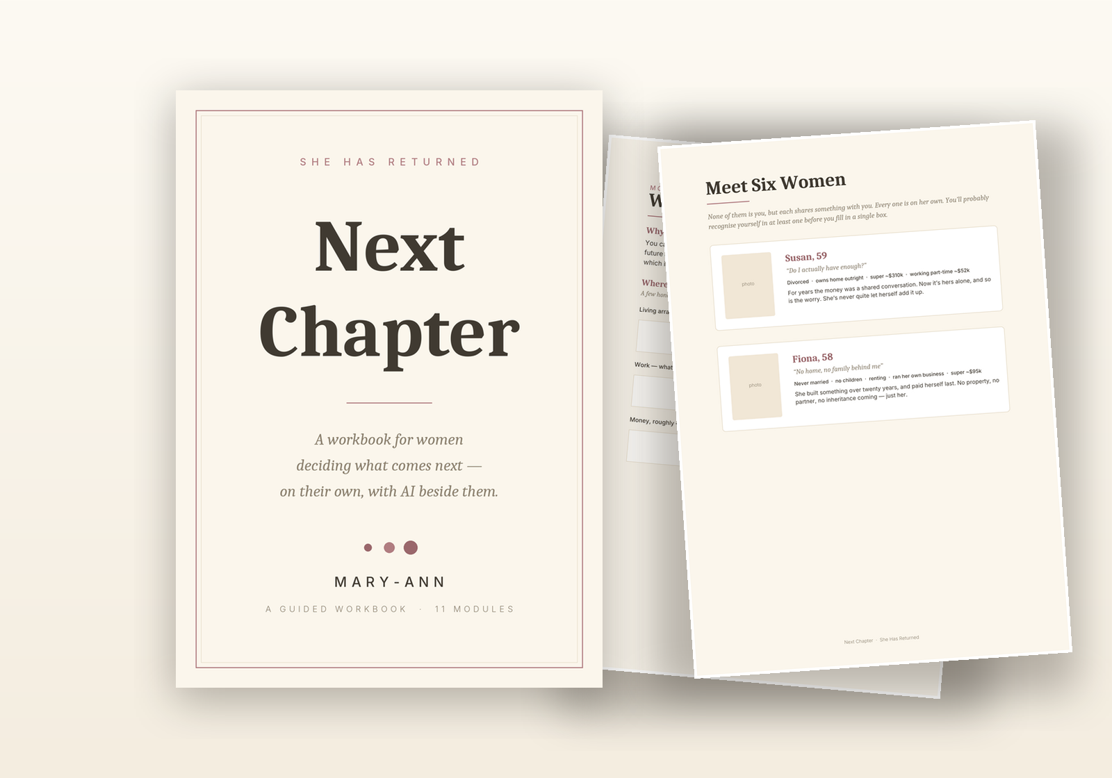 The Next Chapter workbook — the cover standing beside two interior sample pages: a module worksheet and a 'Meet Six Women' page.